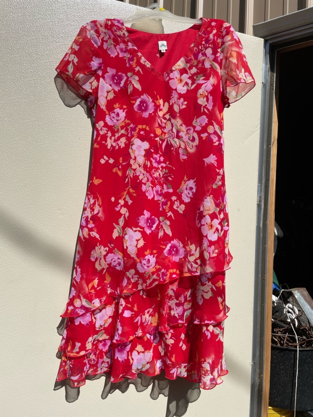 Signature by Sangria Red Floral Layered Chiffon Dress with Pink Accents